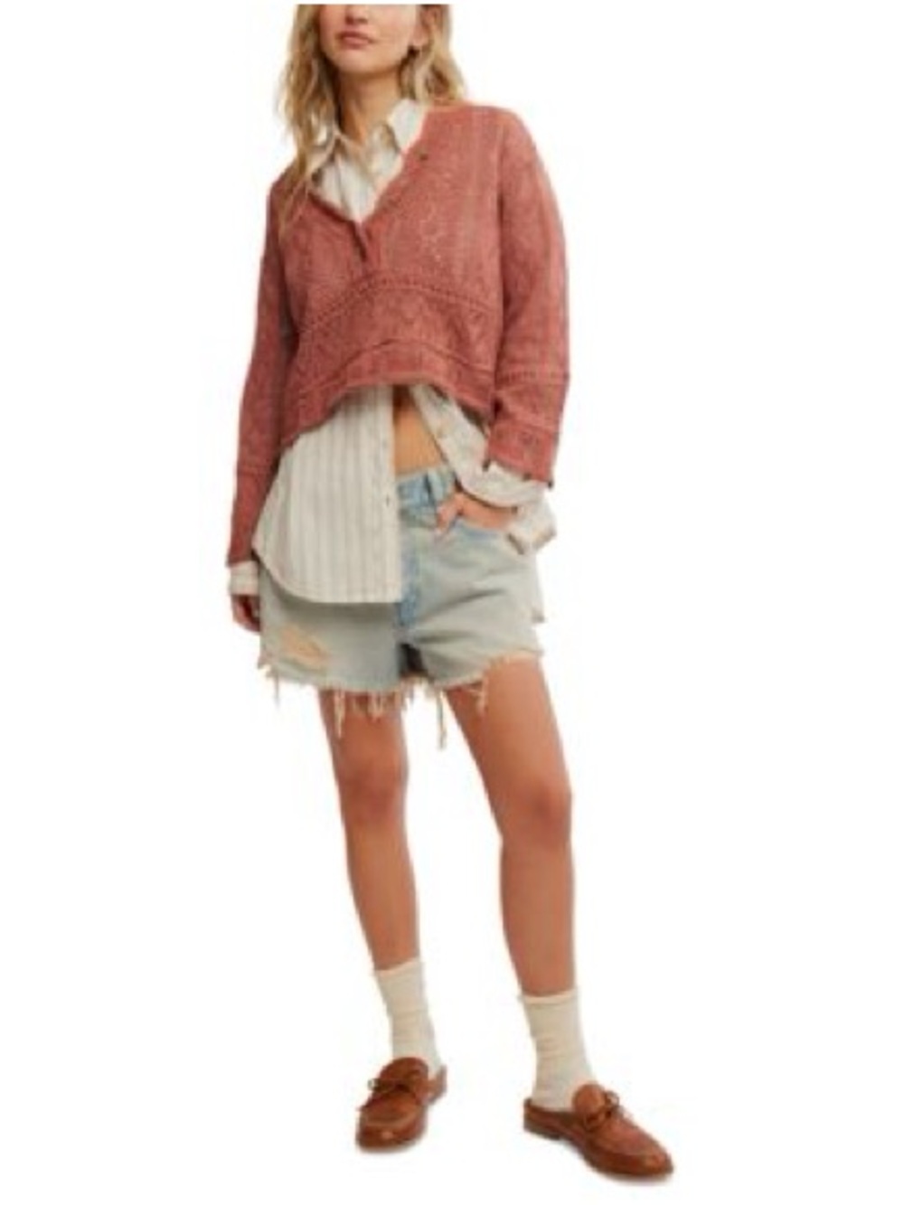 Free People - Charlotte Open Knit Scalloped Trim Long Sleeve Cropped Sweater XS